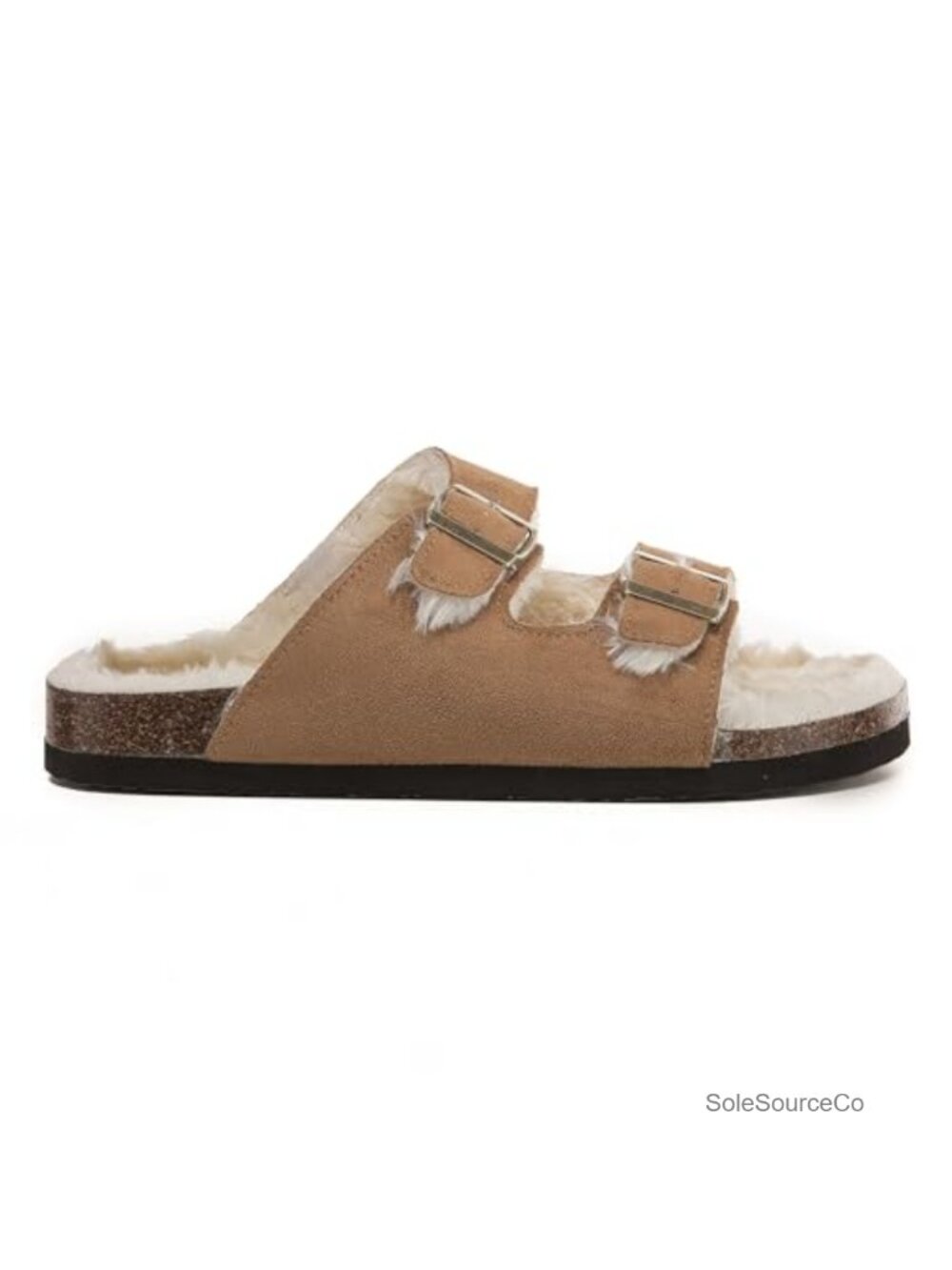 Faux Suede Twin Strap Big Buckle Slide Sandals - Cozy Adjustable Slippers